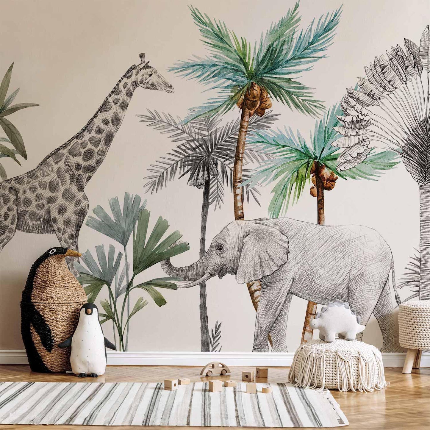 Fototapete - Jungle Animals Wallpaper for Children's Room in Cartoon Style