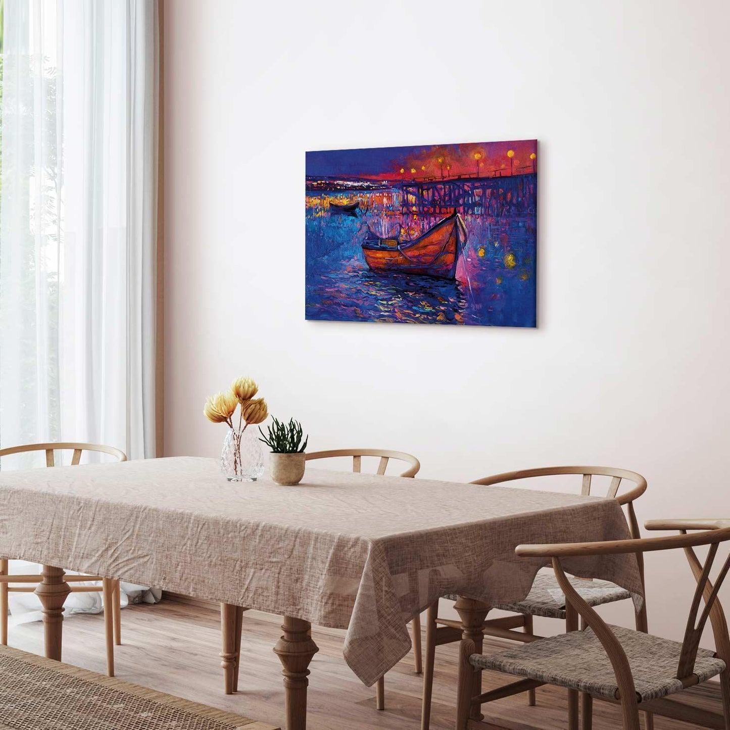 Leinwandbild - Modern impressionism - night landscape of a lake with a floating boat