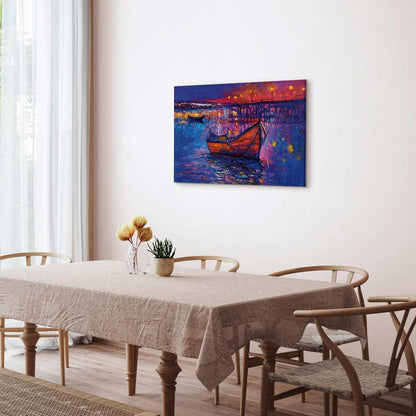 Leinwandbild - Modern impressionism - night landscape of a lake with a floating boat