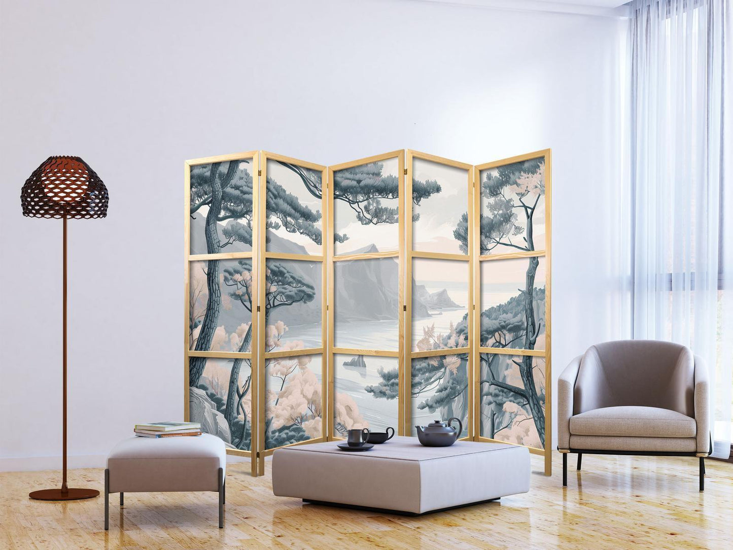 Japanischer Paravent - Mountainous Coastline with Trees and Rocks in Light Pastel Blues