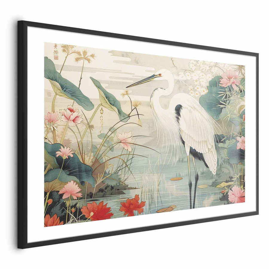 Poster - Over the Asian Pond - illustration in the Japanese print style featuring a heron Artgeist