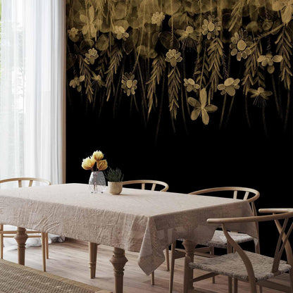 Fototapete - Nature landscape - black abstract nature motif with flowers in sepia