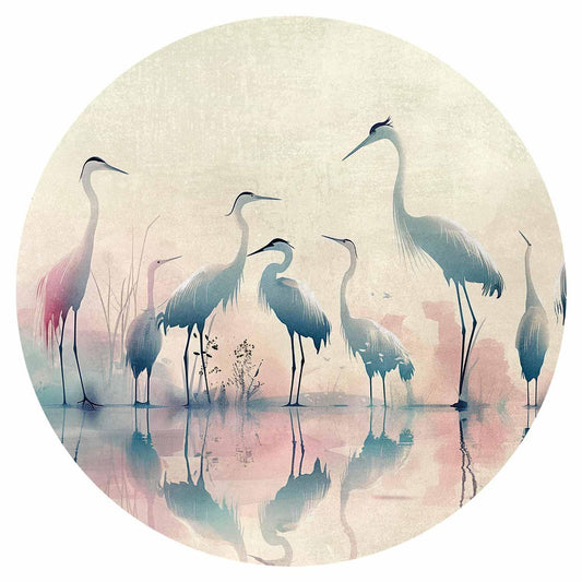 Runde Fototapete - Birds by the lake - herons painted in watercolours in delicate grey and pink colours