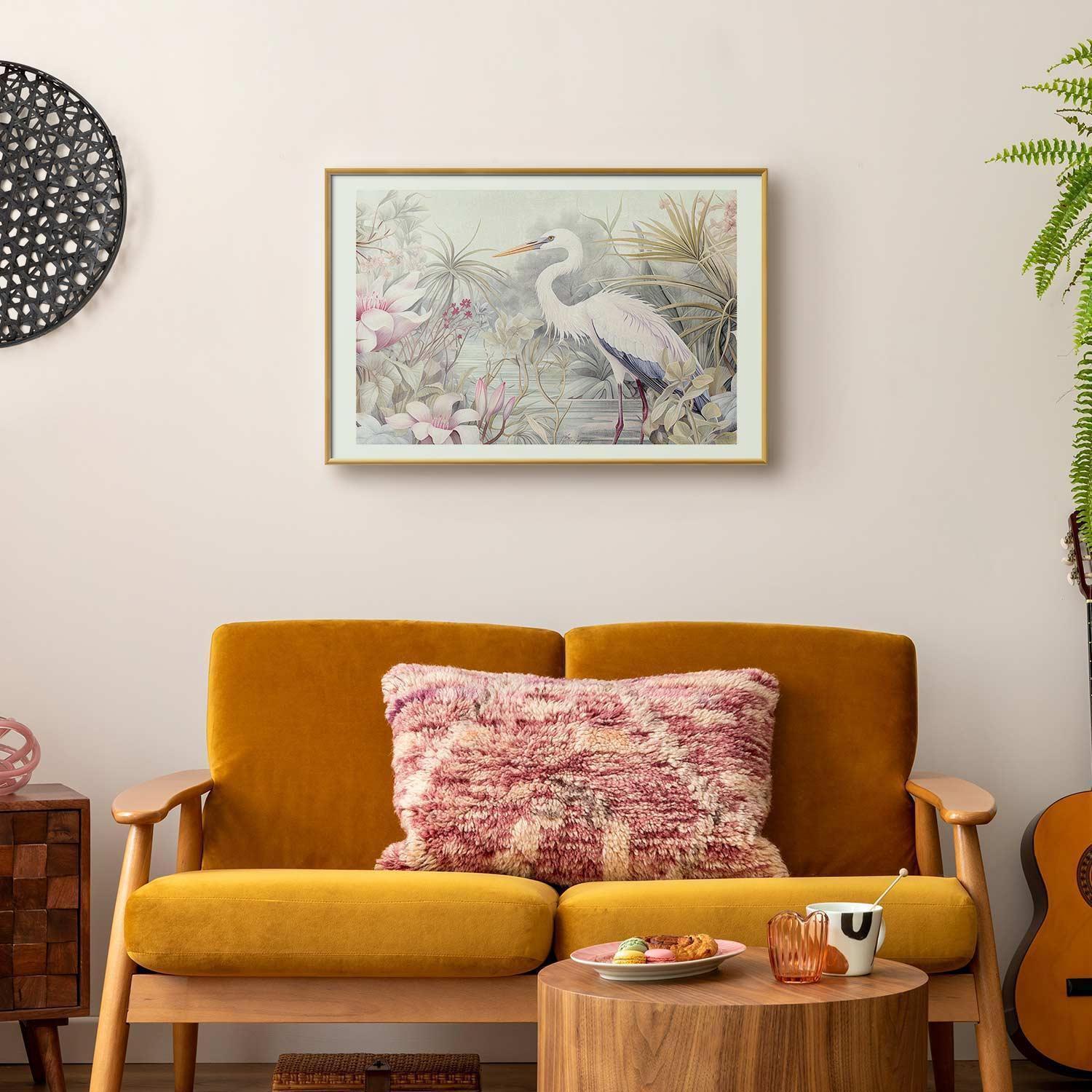Poster - Heron Wading in a Pond - illustration in light colors Artgeist