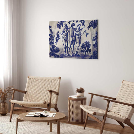 Leinwandbild - Ancient vineyard - three women in a portal painted with blue ink