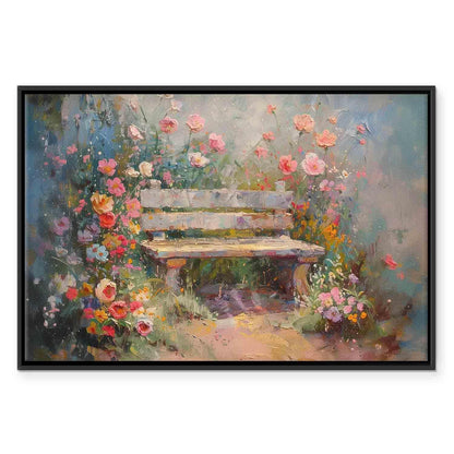 Leinwandbild - Flowery bench - impressionist painting full of flowers