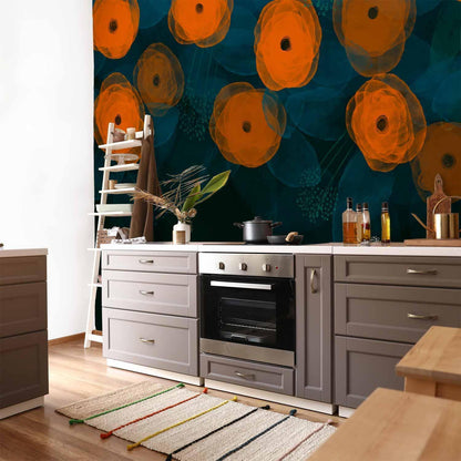 Fototapete - Watercolour composition - orange patterns on a delicate leaf background