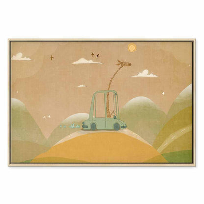 Leinwandbild - Dreamy Traveler - A Cheerful Giraffe Driving a Car on a Sunny Day