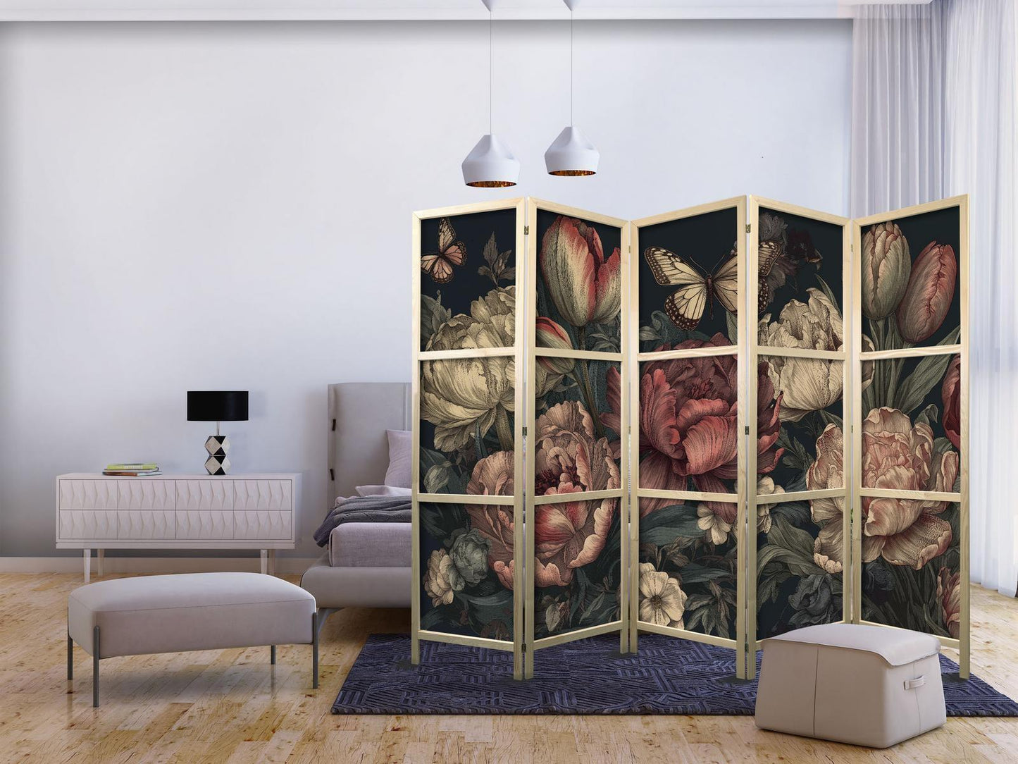 Japanischer Paravent - Floral Illustration - Magnificent Flower Buds on a Turquoise Background