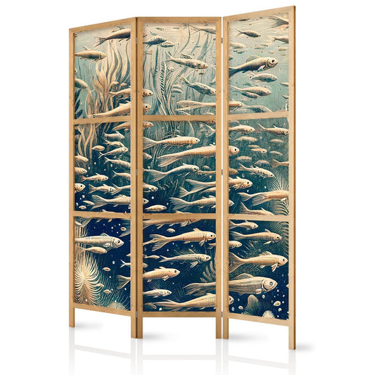 Japanischer Paravent - Life in the Ocean - Underwater World of Fish and Vegetation in Beige and Navy Retro Style Artgeist