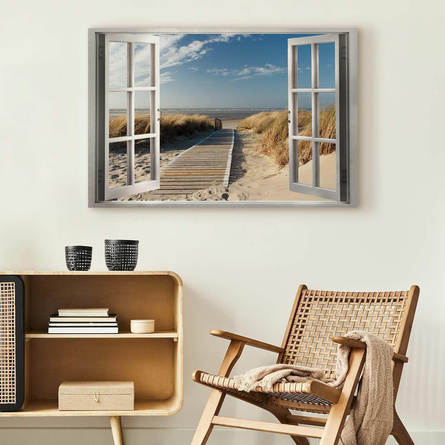 Leinwandbild - Window: View of the Beach Artgeist