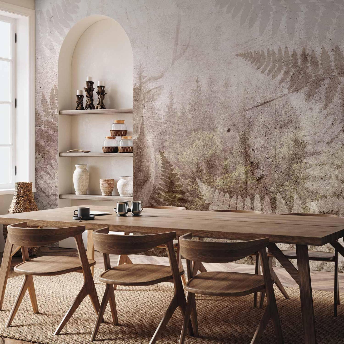 Fototapete - Forest motif - deer with antlers among fern leaves on concrete pattern