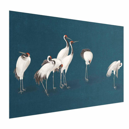 Poster - Evening at the Pond - group of cranes drawn in dry pastel on a dark turquoise background Artgeist