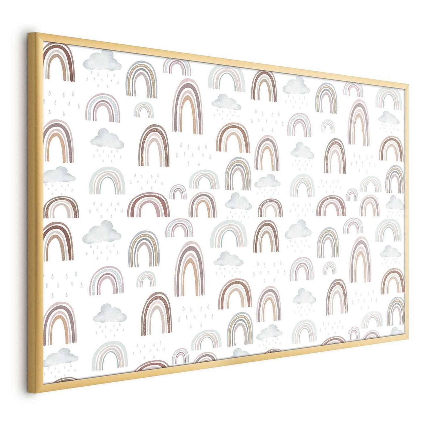 Poster featuring rainbows and clouds in a stylish gold frame.