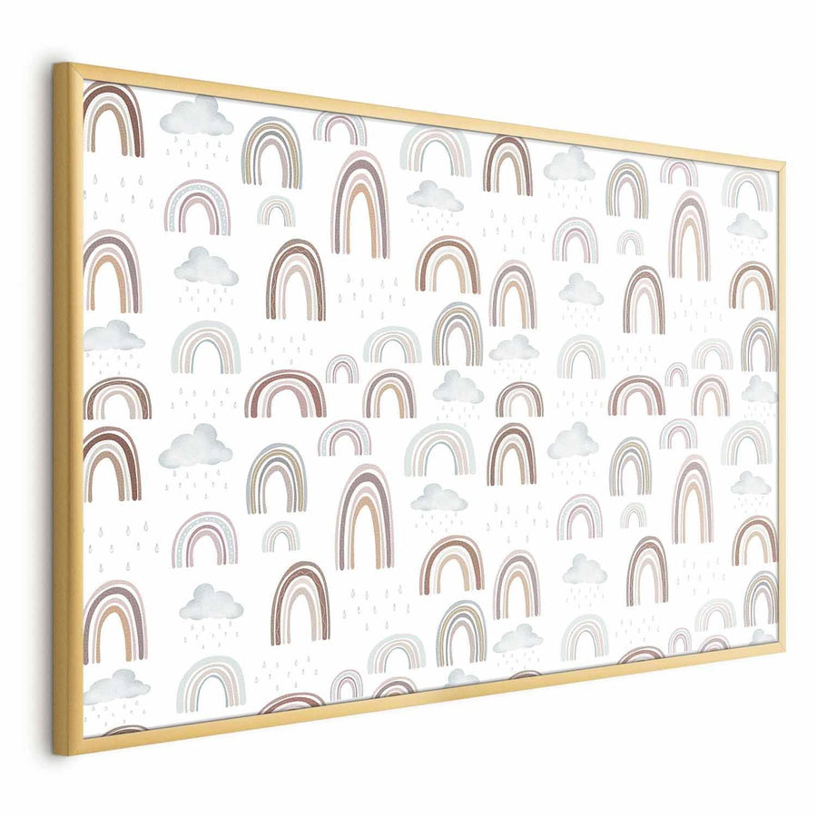 Poster featuring rainbows and clouds in a stylish gold frame.