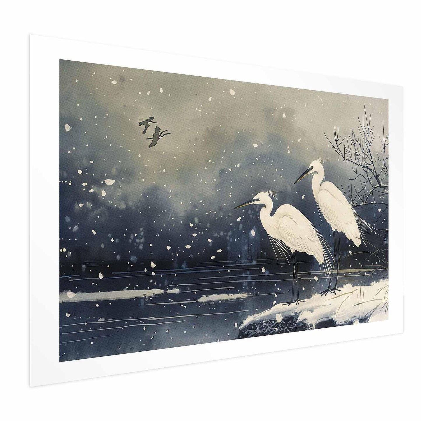 Poster - Herons over a Winter Pond - illustration in the Japanese style in dark colors Artgeist