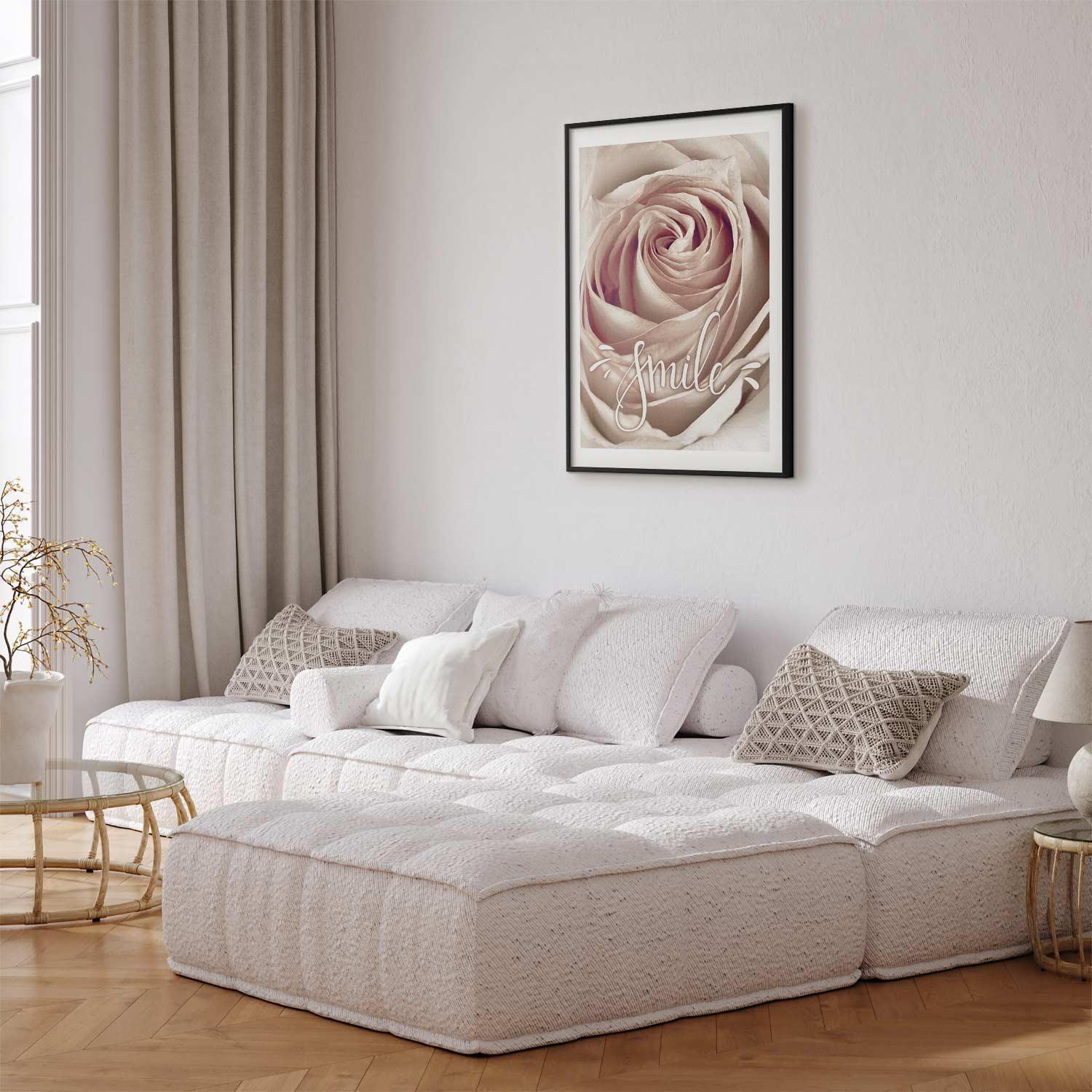 Neutral-toned living room with "Poster - Smile" flower design on wall.