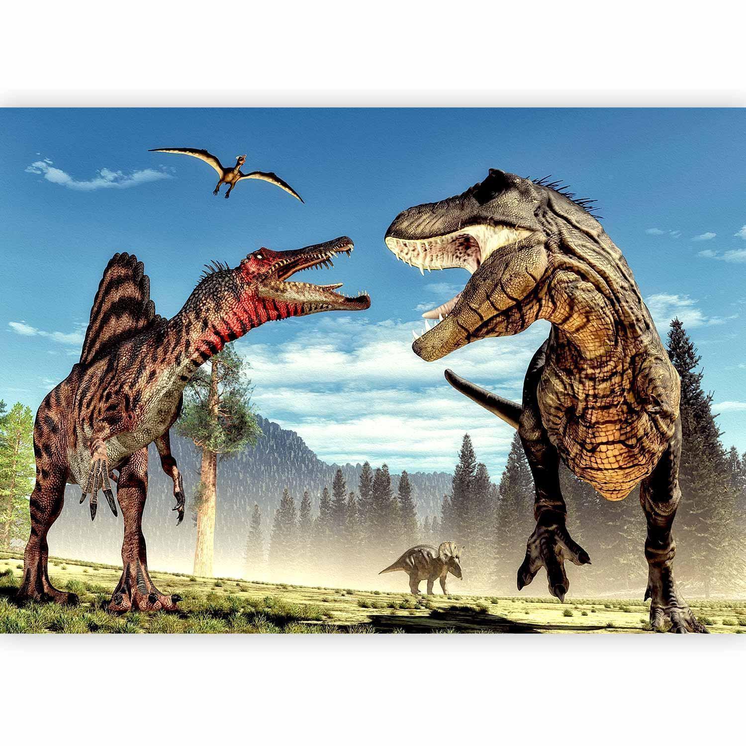 Dinosaurier-Fototapete mit dramatischer Kampfszene

