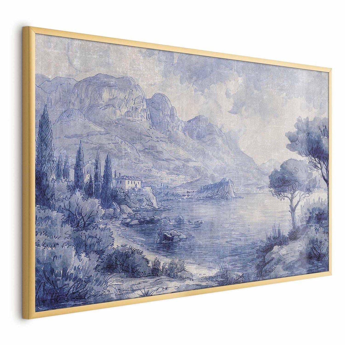Poster - Blue Bay - Italian Landscape of Lake Como Painted in Blue Ink