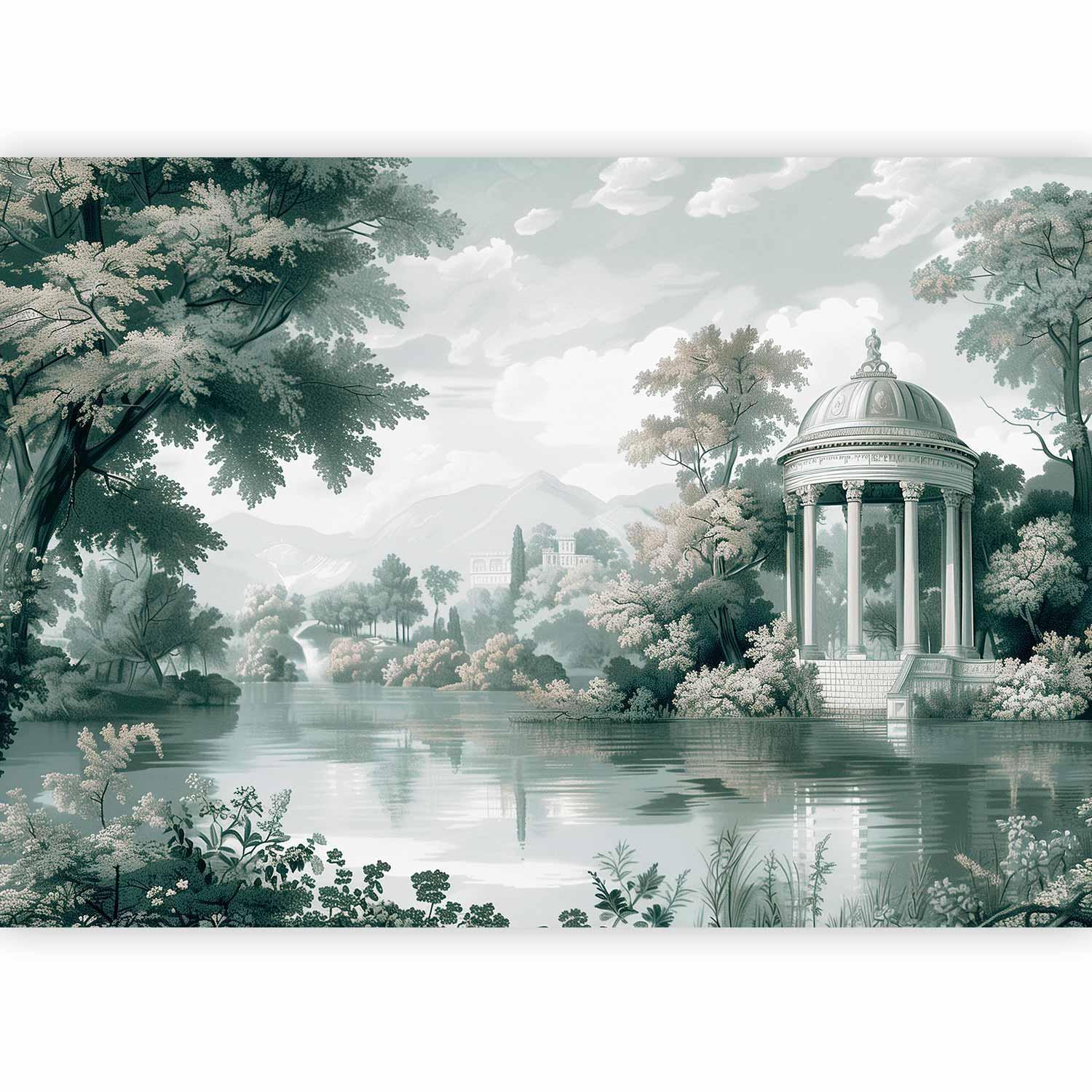 Fototapete - View of the Park and Lake Retro Vintage Landscape in Greens Artgeist