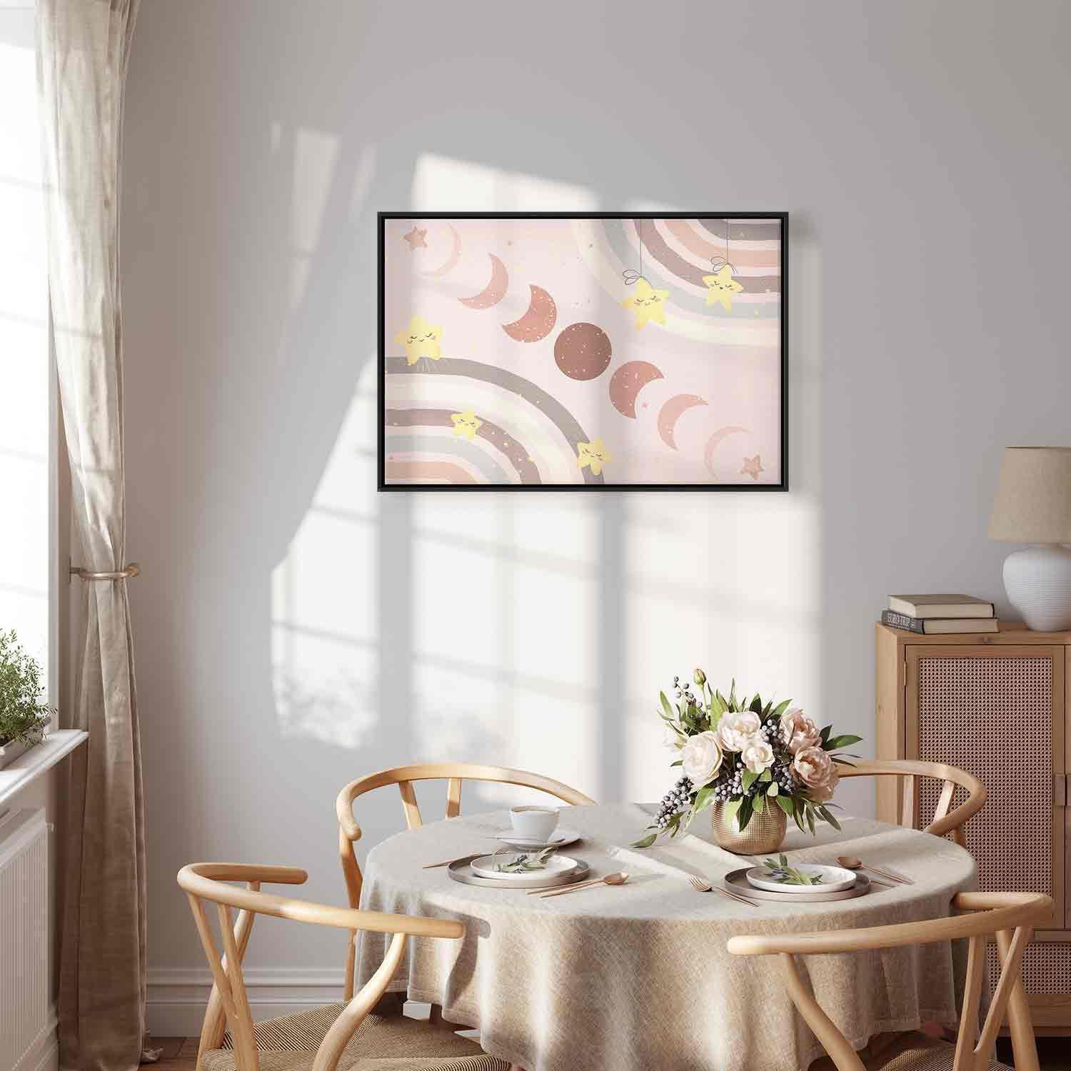 Leinwandbild - Joyful Sky - Yellow Cheerful Stars with a Rainbow Against the Phases of the Moon in a Light Beige Sky Hue Artgeist