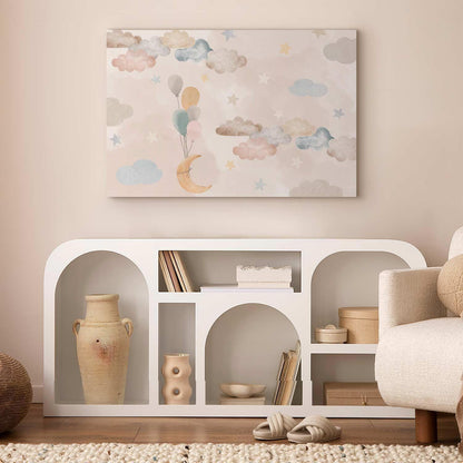 Leinwandbild - Fairy-Tale Moon - Pastel Moon with Balloons Among Colorful Clouds and Stars in Subdued Colors on a Light Background