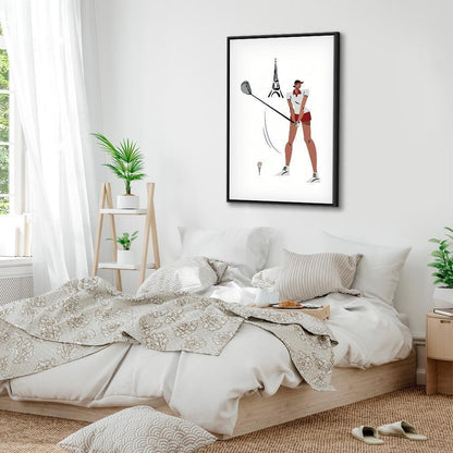 Leinwandbild - Female Golfer With the Eiffel Tower in the Background - Illustration