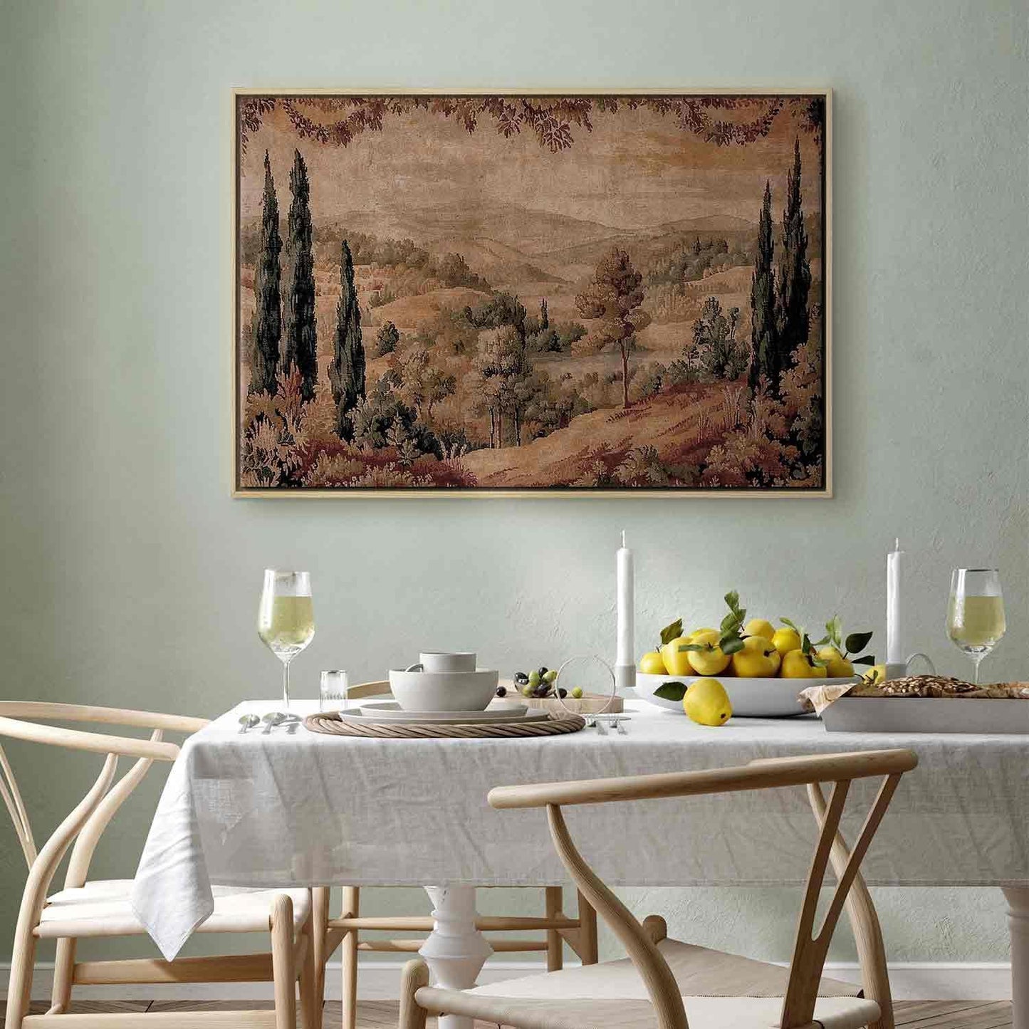 Leinwandbild - Mediterranean landscape - old tapestry with a hill and a lake