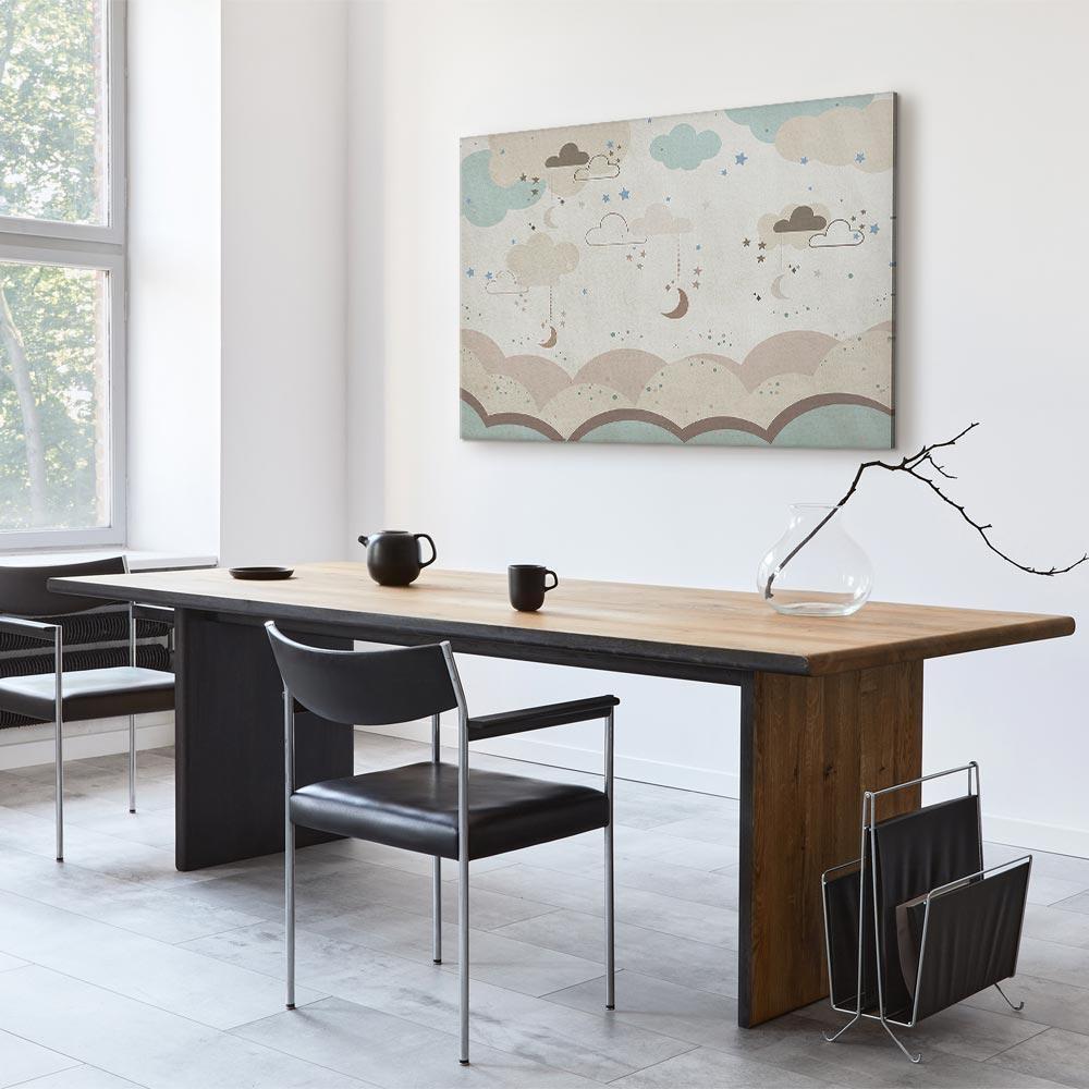 Leinwandbild - Cloudy Night Sky - Moons in Brown and Beige Hues Among Clouds and Numerous Little Stars on a Light Background