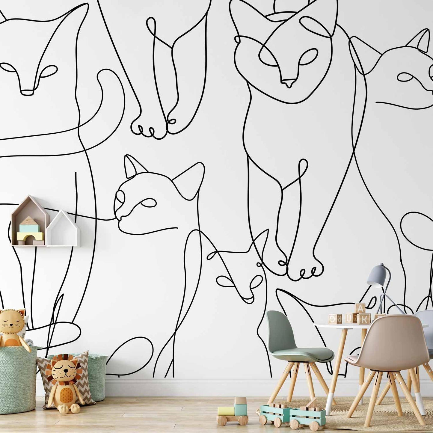 Fototapete „Cat Lineart“ – Minimalistische Katzen-Skizzen auf Weiß Artgeist