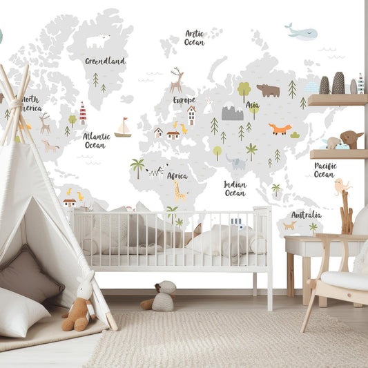 Kinderzimmer mit Weltkarte Fototapete als Wanddeko, moderne Einrichtung
