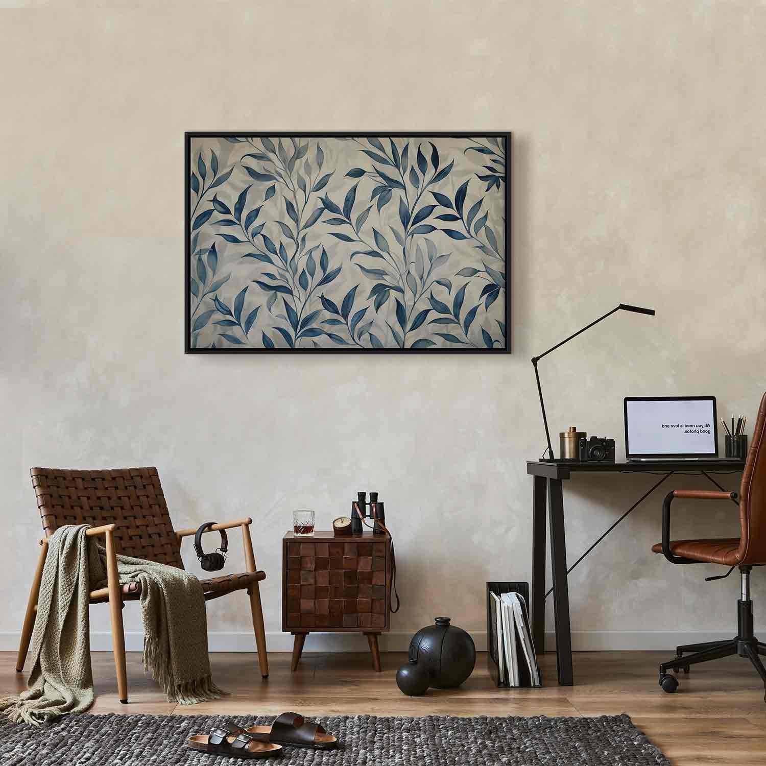 Leinwandbild - Leaves in Blue Color Delicate Botanical Motif Artgeist