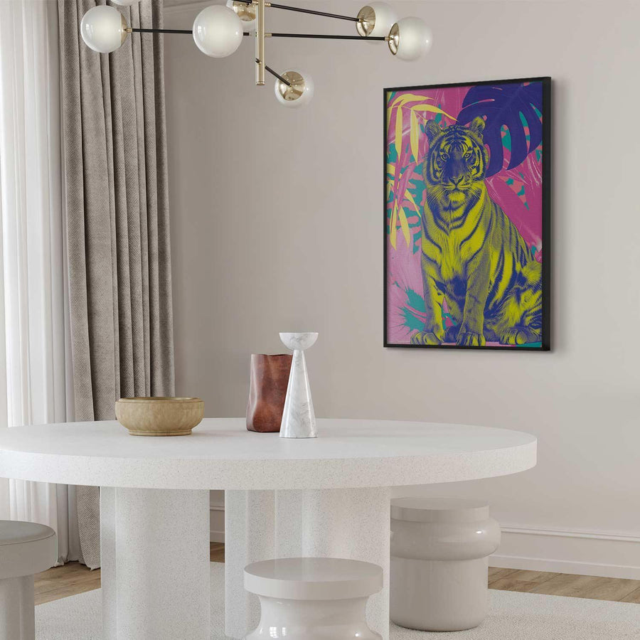 Poster - Colorful Tiger - intense colors of a tiger surrounded by tropical plants Artgeist