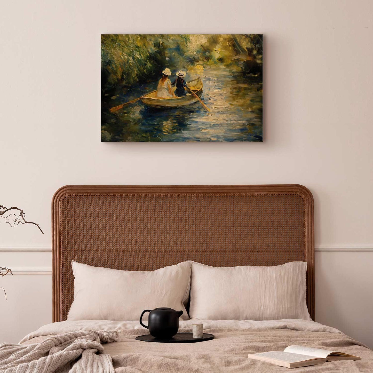 Leinwandbild - Boat crossing - painting of two women sailing a boat on a river