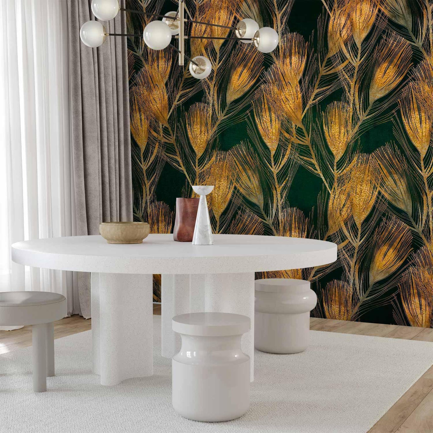 Fototapete - Golden peacock feathers - solid background with bird pattern on green background