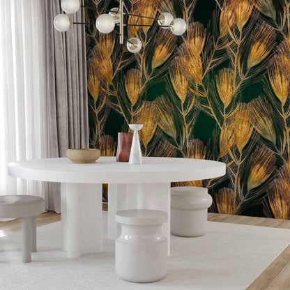 Fototapete - Golden peacock feathers - solid background with bird pattern on green background