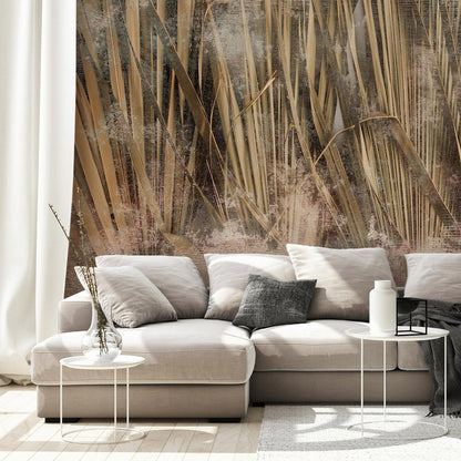 Fototapete - Dry leaves - landscape of tall grasses in boho style with paint patterns Artgeist