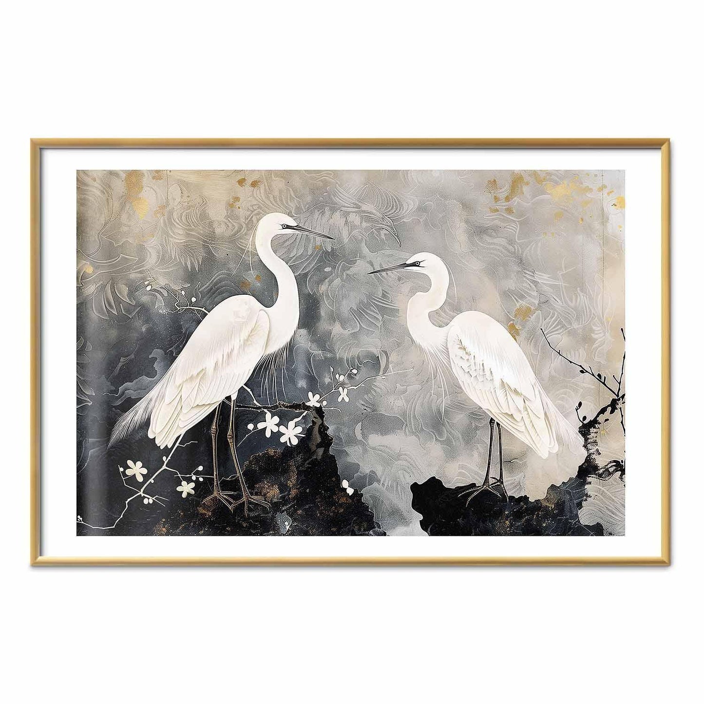 Poster - Herons and Cherry Blossom - oriental-style illustration depicting birds