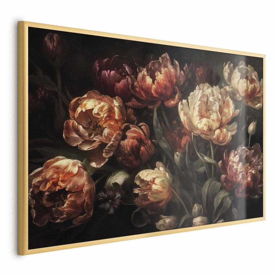 Poster featuring blooming tulips in gold frame, premium quality.