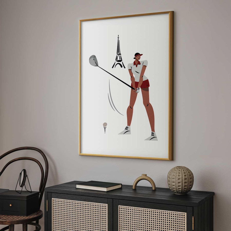 Poster - Illustration of a Female Golfer with the Eiffel Tower in the Background Artgeist