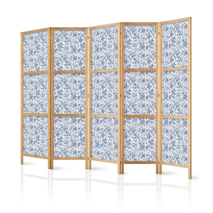 Japanischer Paravent - Illustration in Vintage Style - Blue Flowers on a White Background Artgeist