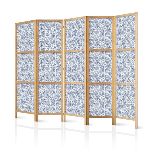 Japanischer Paravent - Illustration in Vintage Style - Blue Flowers on a White Background Artgeist