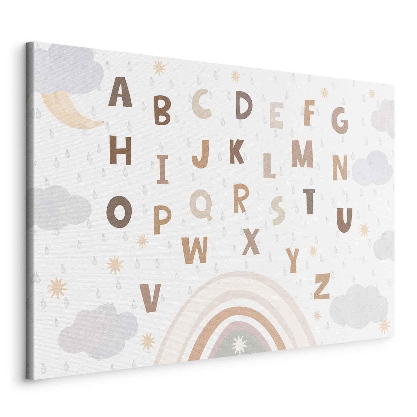 Leinwandbild - Letters Above the Rainbow - Letters Among Streams of Rain and Clouds with a Rainbow Moon and Stars on a Light Background Artgeist