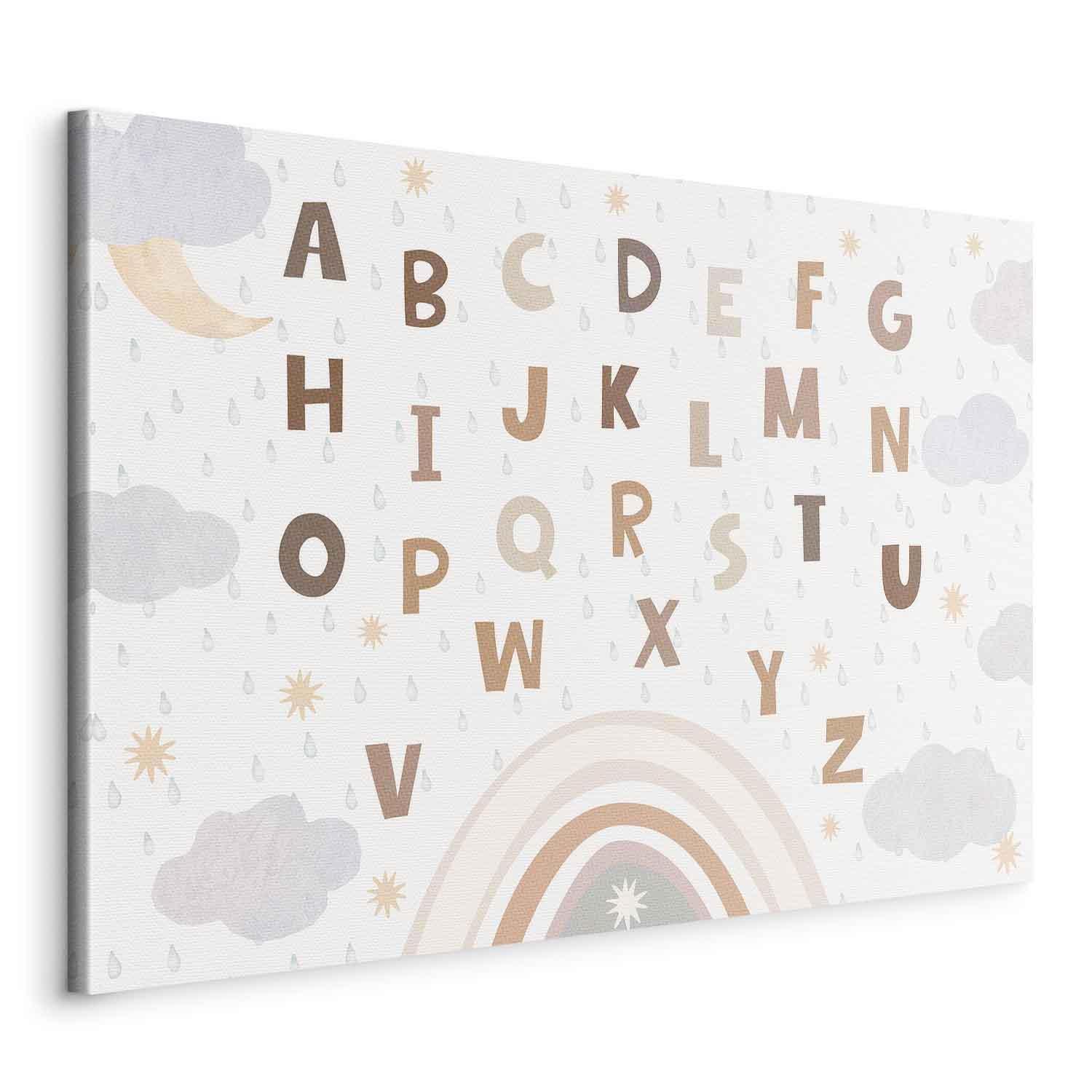 Leinwandbild - Letters Above the Rainbow - Letters Among Streams of Rain and Clouds with a Rainbow Moon and Stars on a Light Background Artgeist