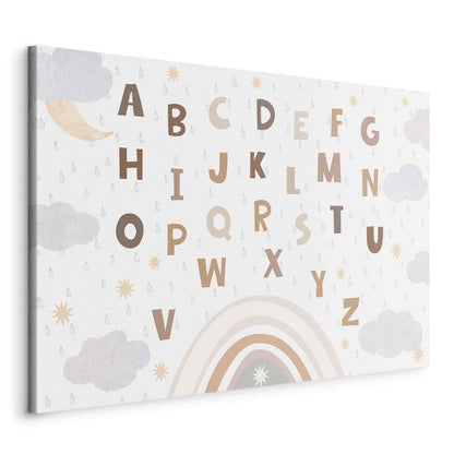Leinwandbild - Letters Above the Rainbow - Letters Among Streams of Rain and Clouds with a Rainbow Moon and Stars on a Light Background Artgeist