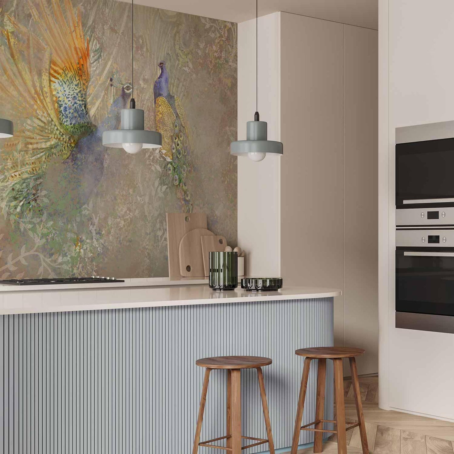 Fototapete - Peacocks in dance - bird motif among an abstract pattern with ornaments