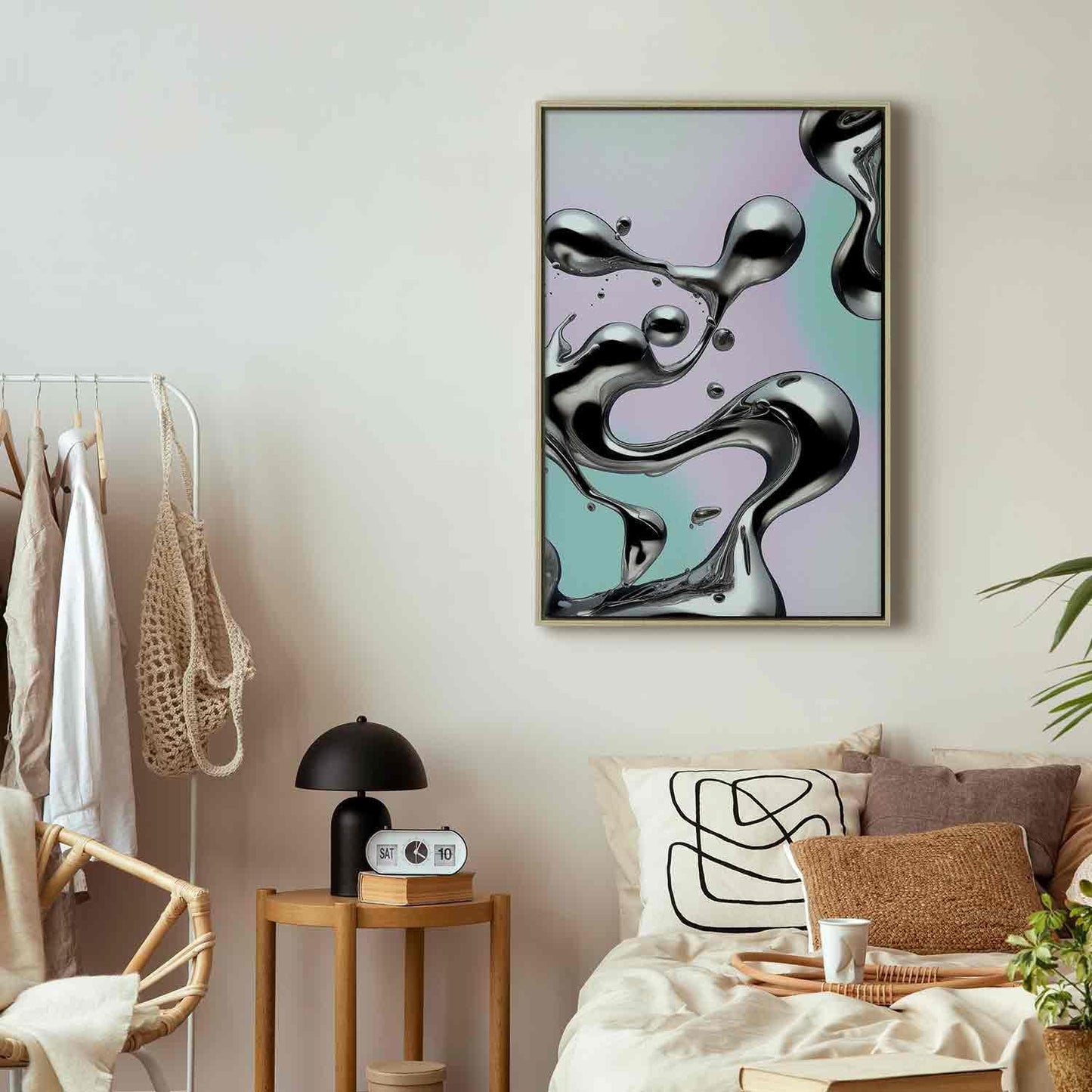 Leinwandbild - Metallic Fluidity - Abstract Silver Forms on a Mint-Purple Background