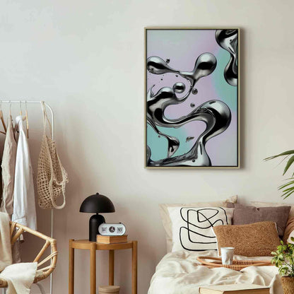 Leinwandbild - Metallic Fluidity - Abstract Silver Forms on a Mint-Purple Background