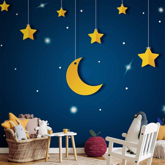 Fototapete - Skyline - night sky landscape with stars and moon for children Artgeist