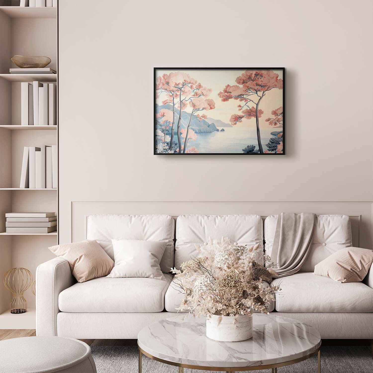 Poster - Ocean Cliffs and Trees Delicate Motif in Pastel Colors Artgeist